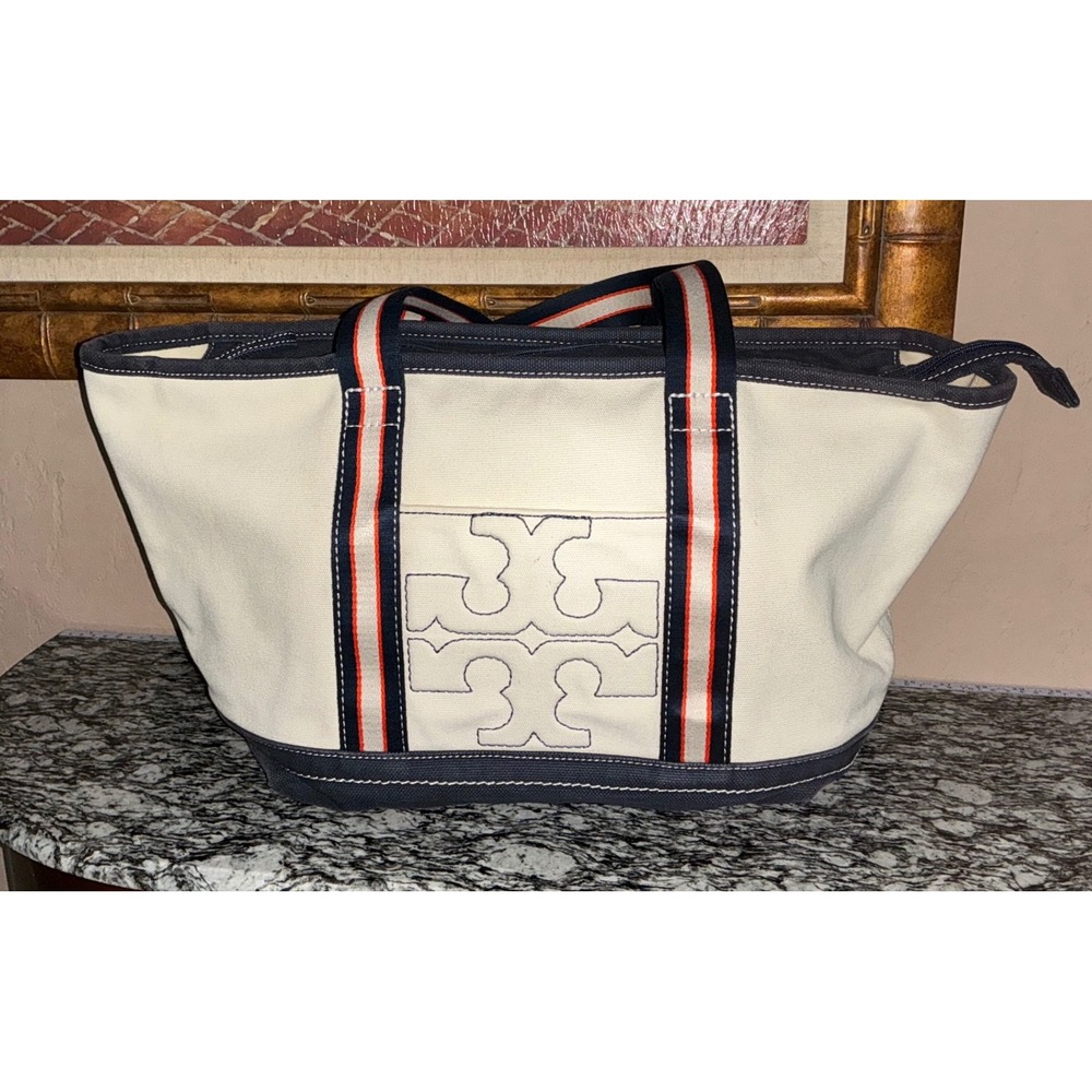 Tory Burch Large Bombe Tote Bag Cream Navy Canvas Striped Shoulder Bag Logo